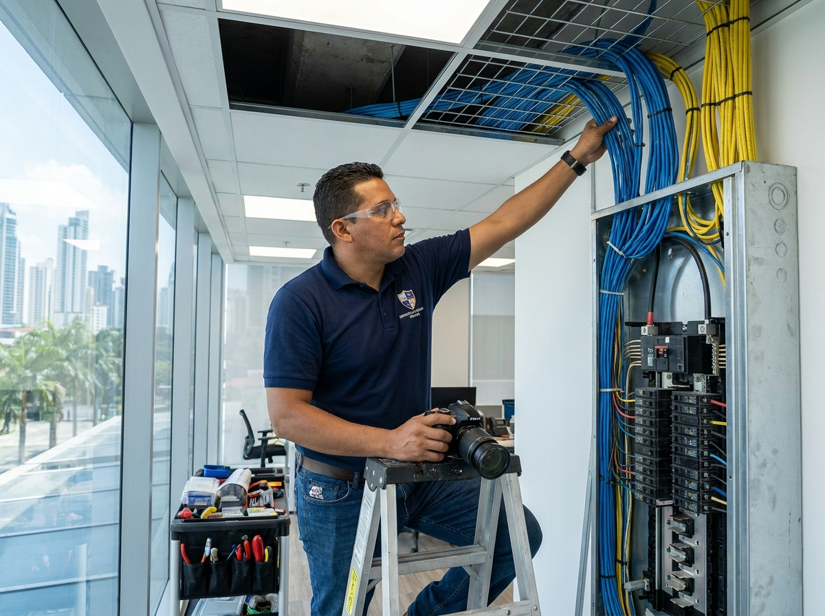 Técnico de Meridiano instalando cableado eléctrico en una oficina corporativa