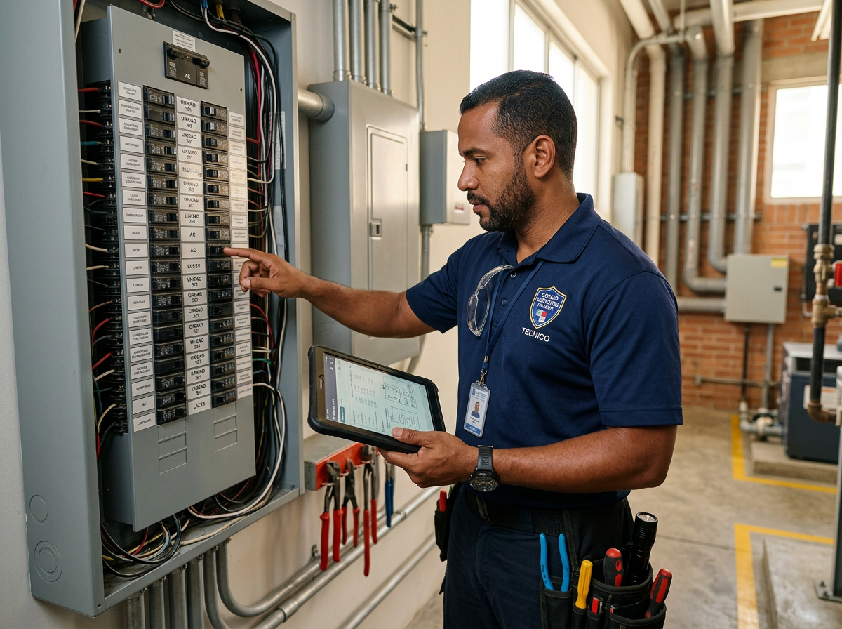 Técnico de Meridiano revisando el tablero eléctrico de un edificio de propiedad horizontal