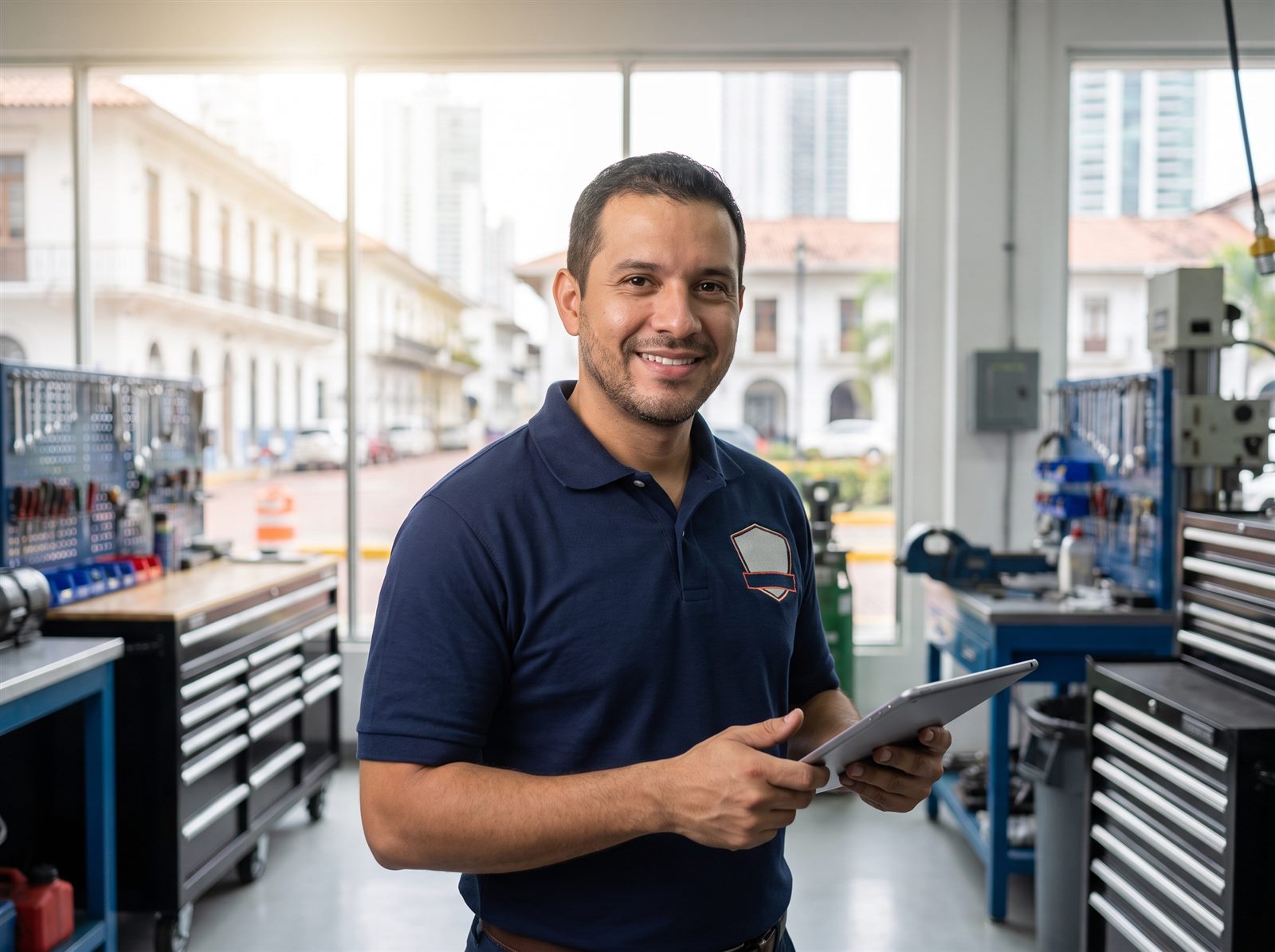 Técnico de Meridiano Servicios Técnicos revisando un proyecto en tableta, en un taller con vista a la ciudad de Panamá