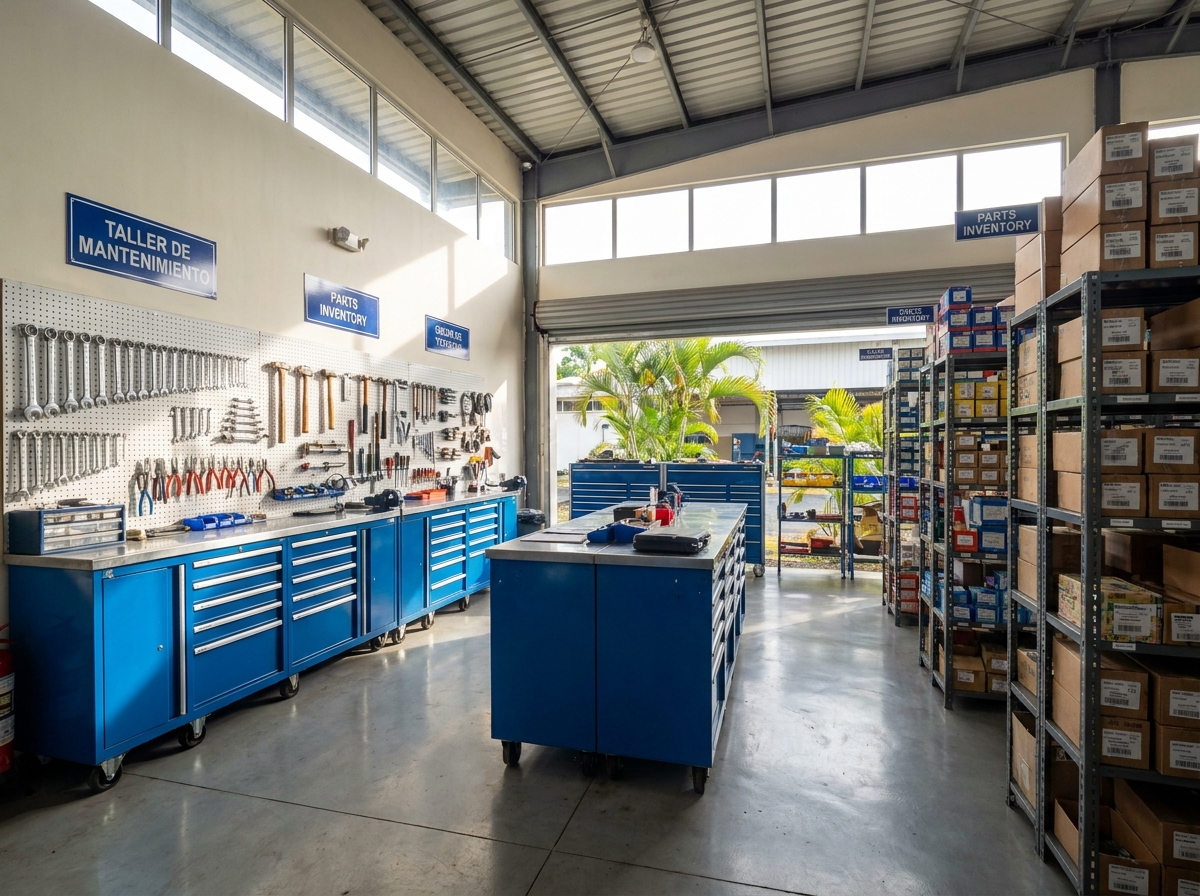 Interior del taller y bodega de Meridiano Servicios Técnicos, con gabinetes de herramientas organizados